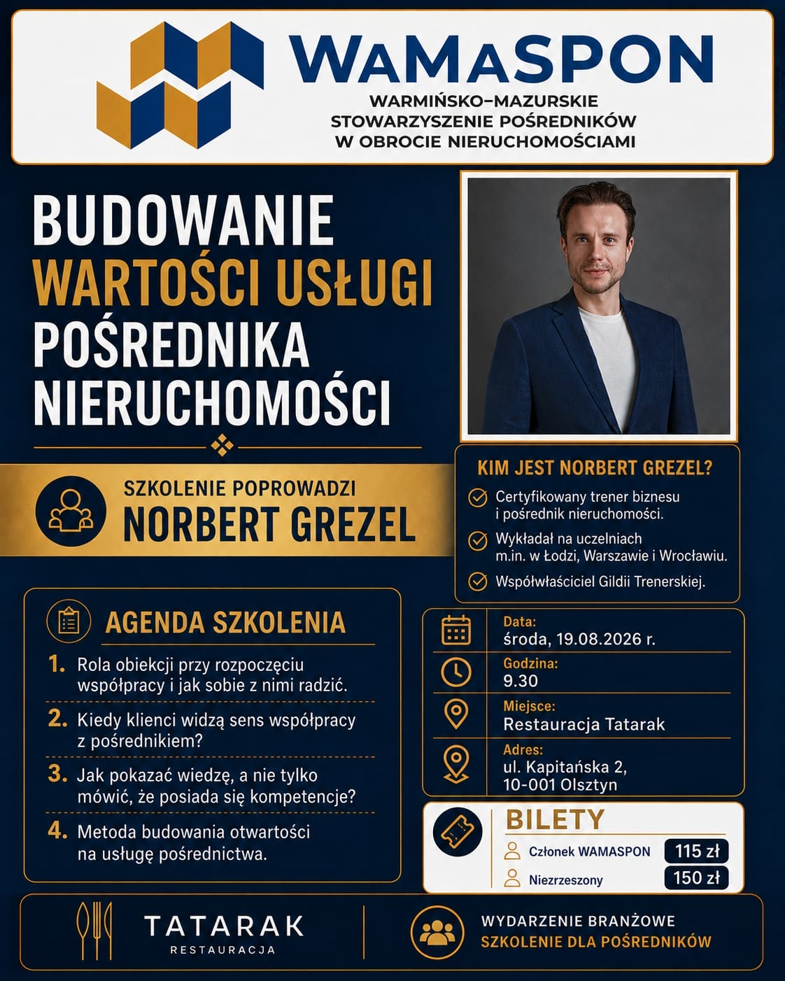 Baner szkolenia Budowanie wartości usługi pośrednika nieruchomości — Norbert Grezel, 19 sierpnia 2026 r., Restauracja Tatarak w Olsztynie
